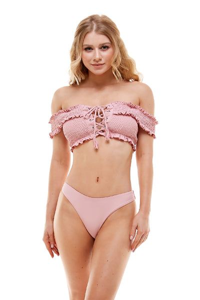 Lace-Up Smocked Bikini Set