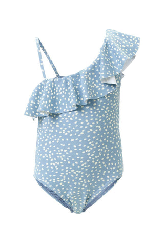 Dotted Blue Ruffle-Accent Asymmetrical One-Piece